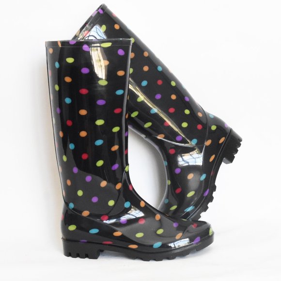 Arizona Jean Mulitcolor Black & Rainbow Polka-Dot Rain Boots Size 7 -AZ Winston- - Picture 1 of 10